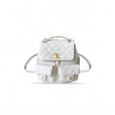 CHANEL LARGR SHINY CAVIAR QUILTED DUMA POCKETS DRAWSTRING BACKPACK WHITE 129230 (21*20*12cm)